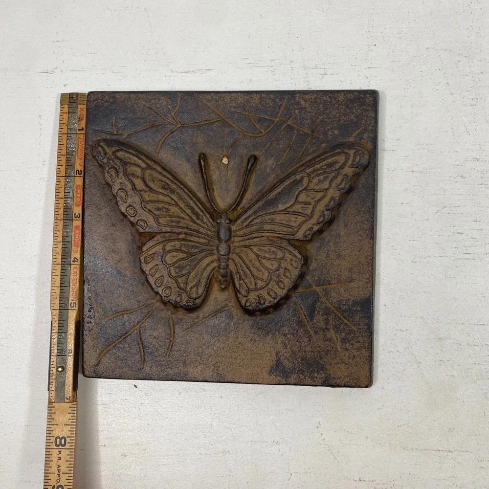Cast Iron Butterfly Wall Tile Plaque Rustic Brown Garden Decor 6in
